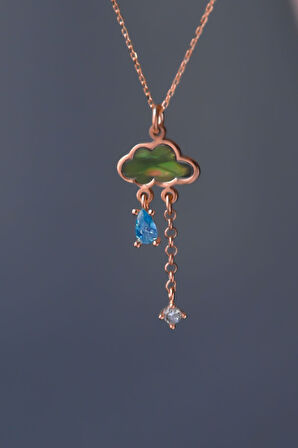 925 Ayar Gümüş Rose Kaplama Yeşil Sedef Taşlı Yağmur Bulut Kolye