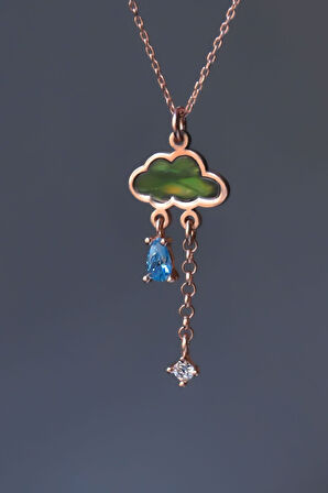 925 Ayar Gümüş Rose Kaplama Yeşil Sedef Taşlı Yağmur Bulut Kolye