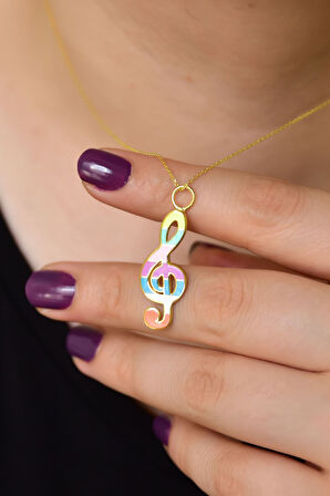 925 Ayar Gümüş Altın Kaplama Mineli Sol Anahtarı Kadın Kolye