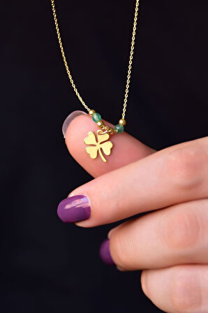 925 Ayar Gümüş Altın Kaplama Yeşil Taşlı Dorika Top Yonca Kolye