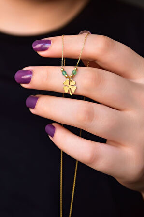 925 Ayar Gümüş Altın Kaplama Yeşil Taşlı Dorika Top Yonca Kolye