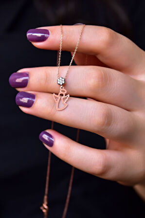 925 Ayar Gümüş Rose Kaplama Elmas Montürlü Melek Kolye