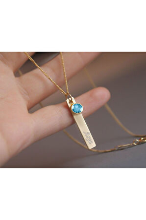 925 Ayar Gümüş Altın Kaplama Mavi Doğum Taşı Plaka Isimli Kadın Kolye