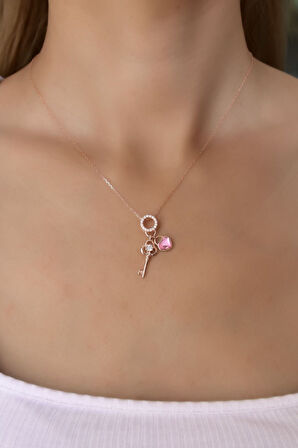 925 Ayar Gümüş Rose Kaplama Kalp Anahtar Halka Kolye