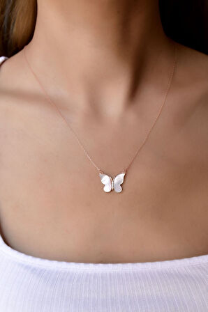 925 Ayar Gümüş Rose Kaplama Sedef Taşlı Kelebek Kadın Kolye