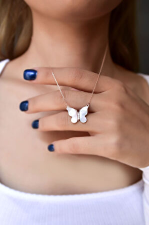 925 Ayar Gümüş Rose Kaplama Sedef Taşlı Kelebek Kadın Kolye