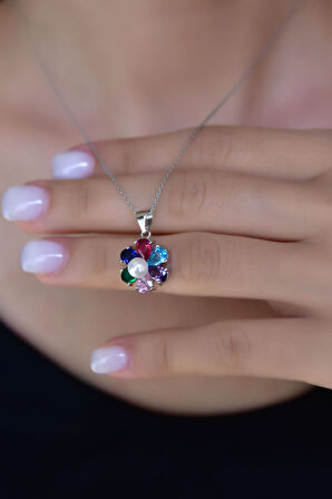 925 Ayar Gümüş Rodyum Kaplama Mix Taşlı Papatya Kadın Kolye