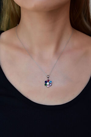 925 Ayar Gümüş Rodyum Kaplama Mix Taşlı Papatya Kadın Kolye