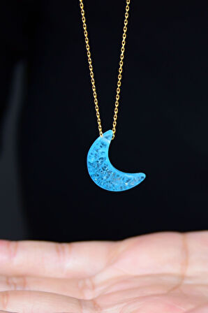 925 Ayar Gümüş Altın Kaplama Mavi Kırık Taş Hilal Kadın Kolye