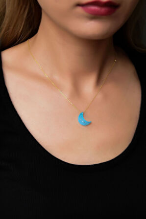 925 Ayar Gümüş Altın Kaplama Mavi Kırık Taş Hilal Kadın Kolye