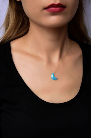 925 Ayar Gümüş Altın Kaplama Mavi Kırık Taş Hilal Kadın Kolye