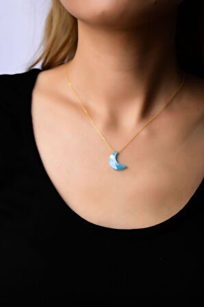 925 Ayar Gümüş Altın Kaplama Mavi Kırık Taş Hilal Kadın Kolye