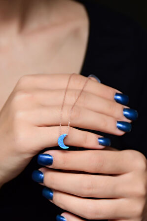 925 Ayar Gümüş Rose Kaplama Mavi Opal Taş Hilal Kadın Kolye