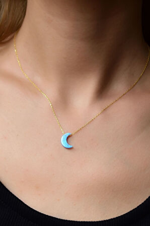 925 Ayar Gümüş Altın Kaplama Turkuaz Opal Taş Hilal Kadın Kolye