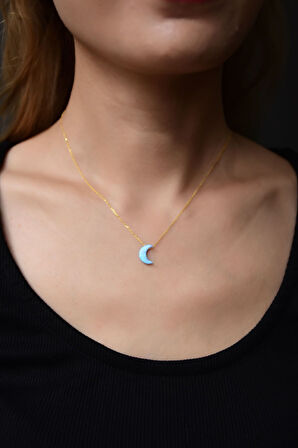 925 Ayar Gümüş Altın Kaplama Turkuaz Opal Taş Hilal Kadın Kolye