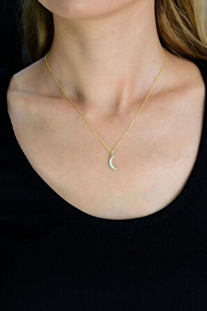 925 Ayar Gümüş Altın Kaplama Beyaz Mineli Hilal Kadın Kolye