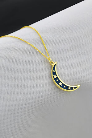 925 Ayar Gümüş Altın Kaplama Mavi Mineli Yıldızlı Hilal Kolye