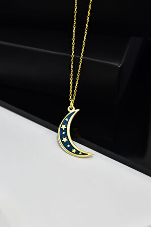 925 Ayar Gümüş Altın Kaplama Mavi Mineli Yıldızlı Hilal Kolye