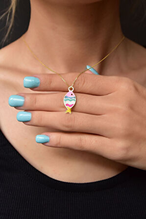 925 Ayar Gümüş Altın Kaplama Renkli Mineli Balık Kolye