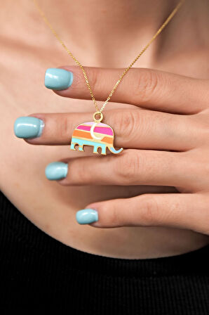 925 Ayar Gümüş Altın Kaplama Renkli Mineli Fil Kolye