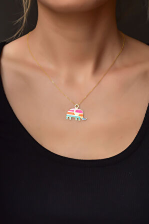 925 Ayar Gümüş Altın Kaplama Renkli Mineli Fil Kolye