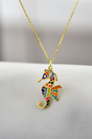 925 Ayar Gümüş Altın Kaplama Renkli Mineli Denizatı Kolye