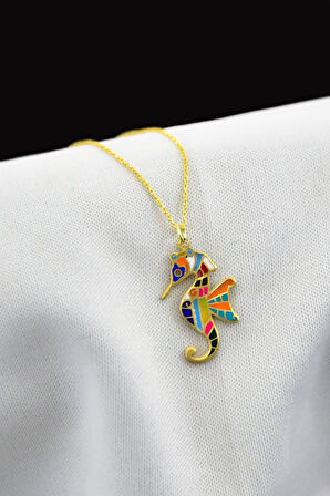 925 Ayar Gümüş Altın Kaplama Renkli Mineli Denizatı Kolye