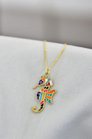 925 Ayar Gümüş Altın Kaplama Renkli Mineli Denizatı Kolye