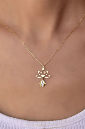 Gümüş Altın Kaplama Fatma Ana Eli Lotus Çiçeği Kolye 925 Ayar