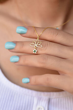 925 Ayar Gümüş Altın Kaplama Yeşil Çiçekli Lotus Çiçeği Kolye