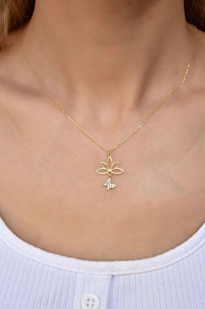 Gümüş Altın Kaplama Beyaz Taşlı Kelebek Lotus Çiçeği Kolye