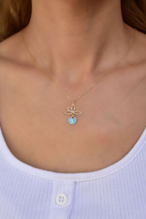 925 Ayar Gümüş Mavi Mineli S Harf Lotus Çiçeği Kolye