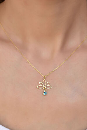 925 Ayar Gümüş Altın Kaplama Lotus Aralık Ayı Doğum Taşı Kolye