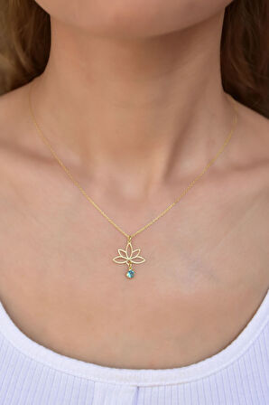 925 Ayar Gümüş Altın Kaplama Lotus Aralık Ayı Doğum Taşı Kolye