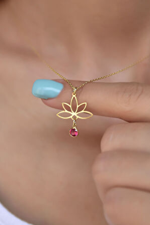 925 Ayar Gümüş Altın Kaplama Lotus Temmuz Ayı Doğum Taşı Kolye