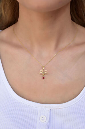 925 Ayar Gümüş Altın Kaplama Lotus Temmuz Ayı Doğum Taşı Kolye