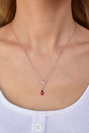 925 Ayar Gümüş Rose Kaplama Tektaş Uğur Böceği Asansörlü Kolye