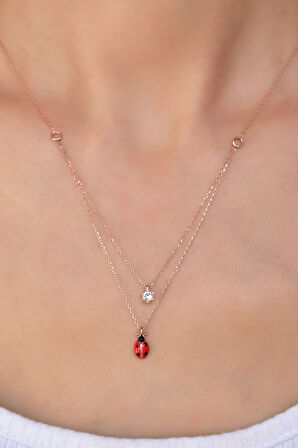 925 Ayar Gümüş Rose Kaplama Tektaş Uğur Böceği Asansörlü Kolye