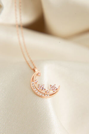 Kadın Taşlı Ay Yıldız Model Model 925 Ayar Gümüş Kolye