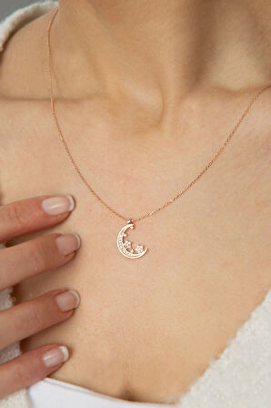 Kadın Taşlı Ay Yıldız Model Model 925 Ayar Gümüş Kolye