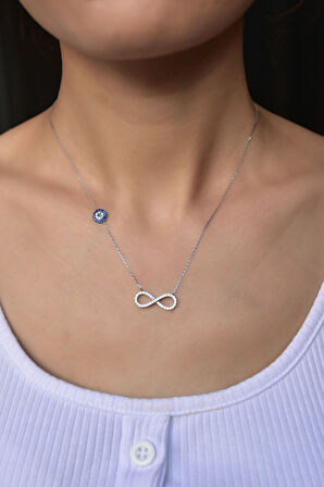 925 Ayar Gümüş Rodyum Kaplama Taşlı Nazarlı Sonsuzluk Kadın Kolye
