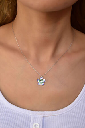 925 Ayar Gümüş Rodyum Kaplama Mineli Tektaş Yonca Kolye