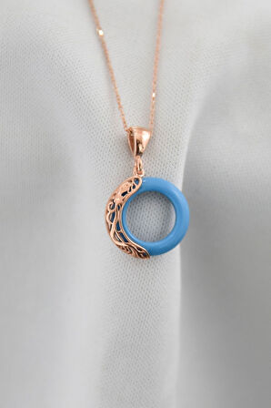 925 Ayar Gümüş Rose Kaplama Ejderha Desenli Turkuaz Simit Kolye