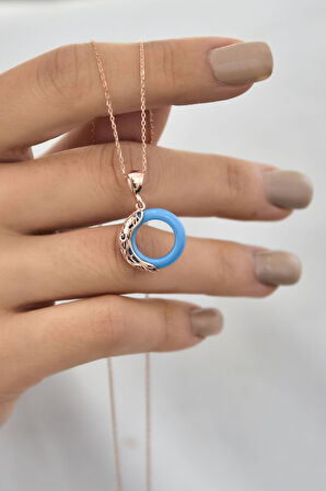 925 Ayar Gümüş Rose Kaplama Ejderha Desenli Turkuaz Simit Kolye