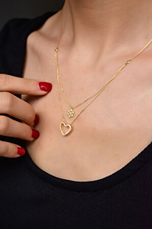 925 Gümüş Altın Kaplama Taşlı Kartanesi Kalp Asansör Kolye