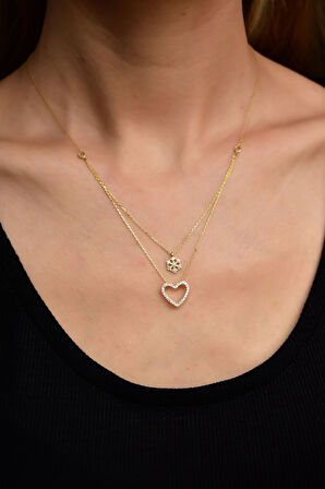 925 Gümüş Altın Kaplama Taşlı Kartanesi Kalp Asansör Kolye