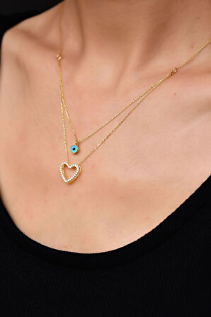 925 Gümüş Altın Kaplama Taşlı Nazar Göz Kalp Asansör Kolye