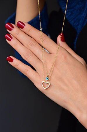 925 Gümüş Altın Kaplama Taşlı Nazar Göz Kalp Asansör Kolye