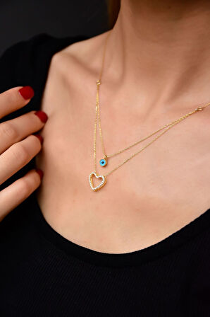 925 Gümüş Altın Kaplama Taşlı Nazar Göz Kalp Asansör Kolye