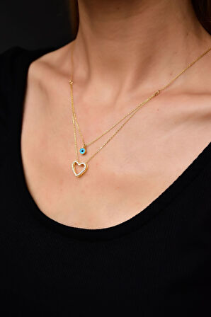 925 Gümüş Altın Kaplama Taşlı Nazar Göz Kalp Asansör Kolye